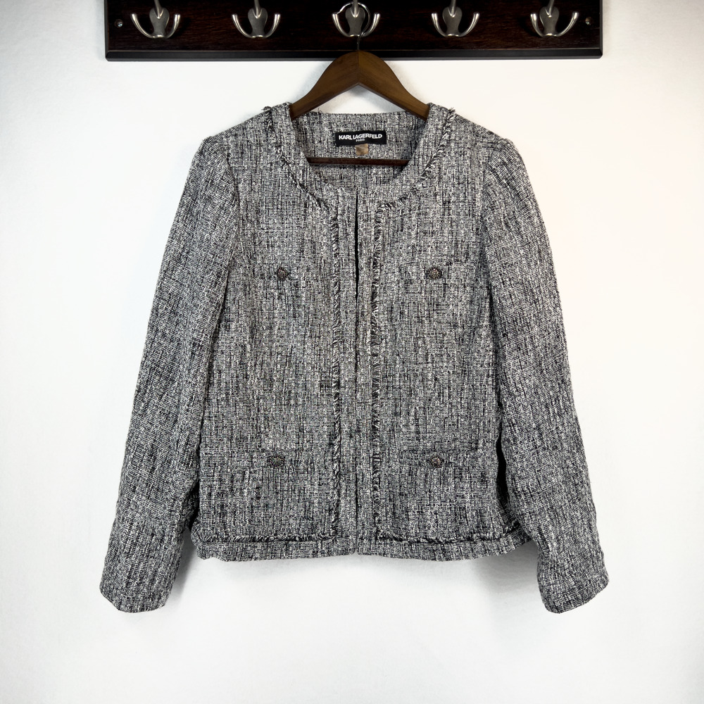 Karl Lagerfeld Black & White Tweed Blazer Fringed Chic Business Lined Size 12